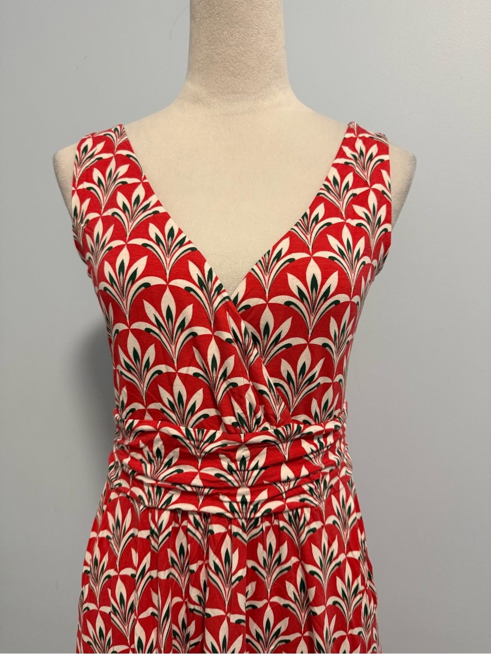 Boden Red White Print Faux Wrap V-Neckline Sleeveless Jersey Dress Size 6R - Picture 3 of 11